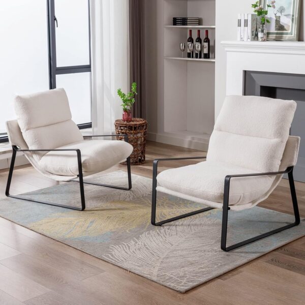 DUOMAY Modern White Sherpa Accent Chair Set of 2, Comfy Lounge Lazy Chair with Metal Leg, Mid-Century Corner Arm Chair for Living Room Bedroom Office Apartment