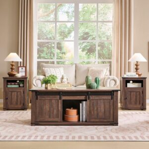 Farmhouse Furniture Set of 3, Includes 48" Lift Top Coffee Table with Sliding Groove Barn Door and Double Storage, Two Open 20" Nightstands with Charging Stations& Adjustable Shlef. Brown