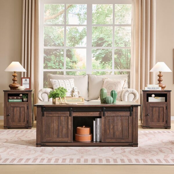 Farmhouse Furniture Set of 3, Includes 48" Lift Top Coffee Table with Sliding Groove Barn Door and Double Storage, Two Open 20" Nightstands with Charging Stations& Adjustable Shlef. Brown