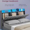 VASAGLE Queen Size Floating Bed Frame with LED Lights, Queen Bed Frame with Charging Station, Tufted Storage Headboard, Upholstered Platform Bed Frame, No Box Spring Needed, Light Gray URMB851G01