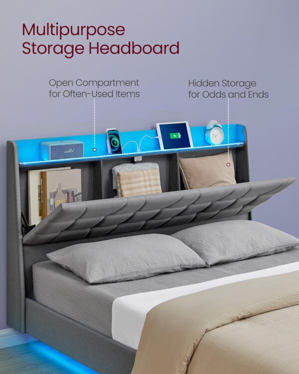 VASAGLE Queen Size Floating Bed Frame with LED Lights, Queen Bed Frame with Charging Station, Tufted Storage Headboard, Upholstered Platform Bed Frame, No Box Spring Needed, Light Gray URMB851G01
