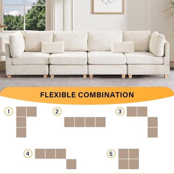 126.4" Oversized Reversible Modular Sectional Sofa with Deep Seat , 4 Seat Modern Corduroy Convertible L Shaped Corner Couch DIY Combination Lounge Sofabed w/ Waist Pillows for Living Room Office