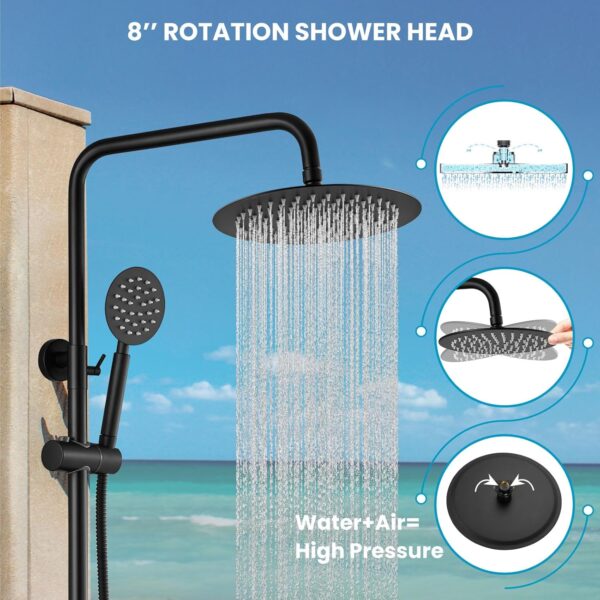 gotonovo SUS304 Outdoor Shower Fixture High Pressure Shower System Combo Wall Mount 2 Dual Function Shower Faucet Set Round Handheld Spray Matte Black Double Cross Handle
