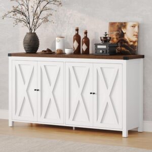 814ll1VTaJL._AC_SL1500_.jpg DWVO 55'' Sideboard Buffet Cabinet with Storage, Farmhouse Kitchen Storage Cabinet with 4 Doors, Coffee Bar Cabinets with Adjustable Shelves for Kitchen, Living Room, White&Brown