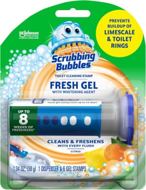 Scrubbing Bubbles Fresh Gel Toilet Bowl Cleaning Stamps, Helps Keep Toilet Clean and Helps Prevent Limescale & Rings, Citrus Scent, 1 Dispenser with 6 Fresh Gel Stamps