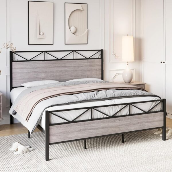 Queen Size Bed Frame with Headboard, Industrial Platform Queen Bed Frame with 14 Strong Metal Slats Support, 11'' Under-Bed Storage, No Noise, Easy Assembly, Light Grey