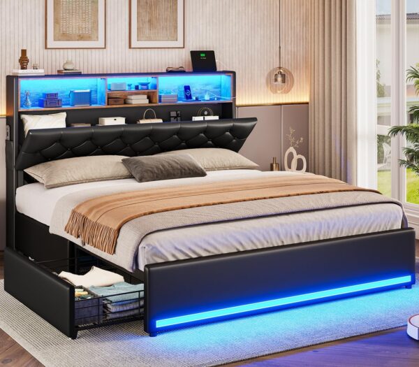 Queen Bed Frame with 4 Drawers & Hidden Storage Headboard, LED Bed Frame Queen Size with Charging Station, Upholstered Bed with Metal Slats, No Box Spring Needed, Black PU