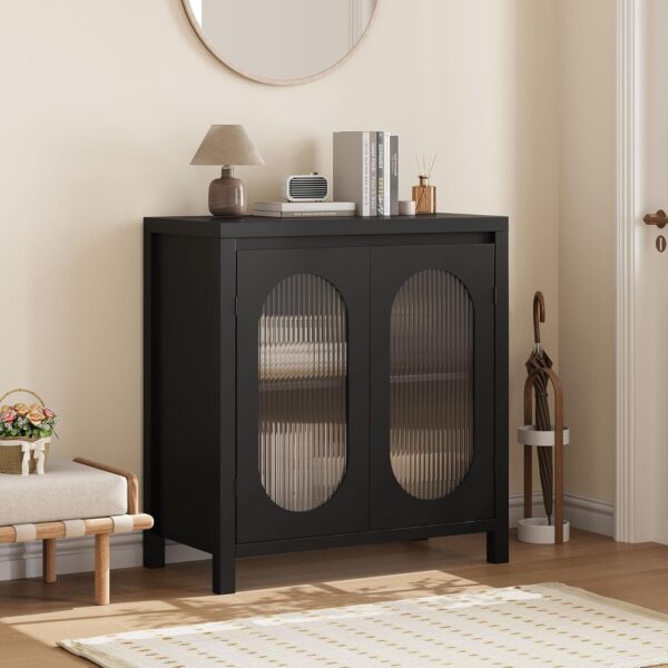 Modern Sideboard Buffet Cabinet, Accent Storage Cabinet with Adjustable Shelf and Glass Doors, Small Console Cabinet with Storage for, Living Room, Dining Room, Black