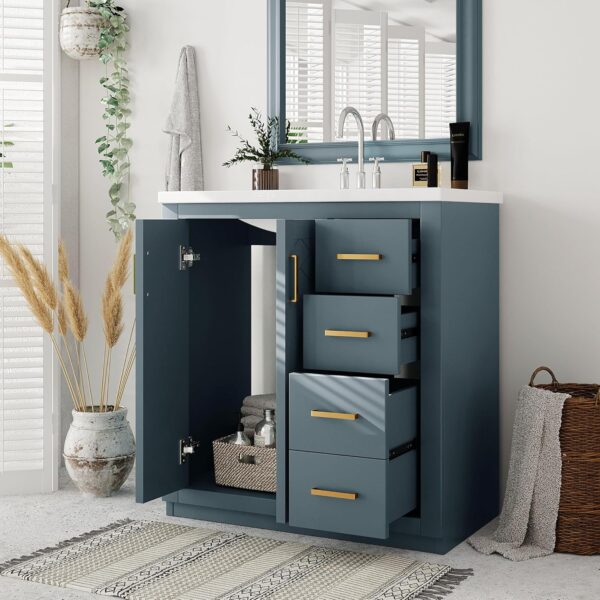 30 Inch Bathroom Vanity with Ceramic Sink, Traditional Bathroom Storage Cabinet with 3 Drawers and 2 Chevron Front Doors, Solid Wood Frame Bathroom Vanities
