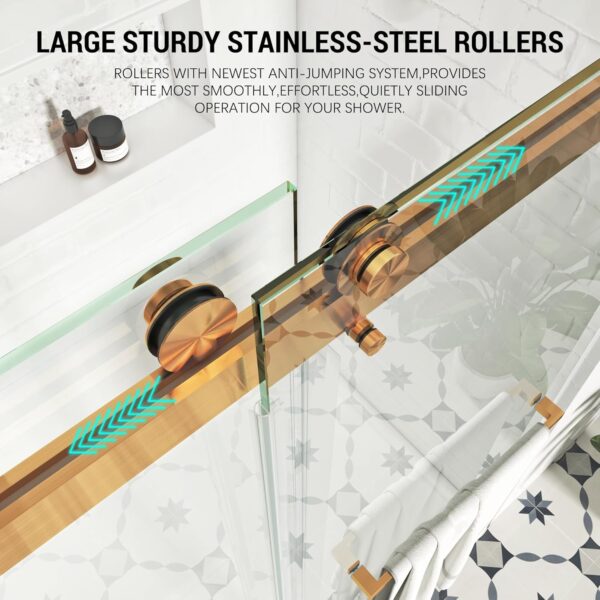 Frameless Shower Door, 56"-61" W x 76" H, Width Adjustable, SGCC Certified 3/8" (10 mm) Clear Tempered Glass, Double Sliding Shower Door, Stainless Steel Brushed Gold Finish DS01