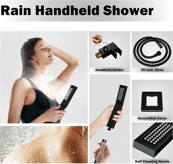 Ceiling Shower Faucet Set Matt Black Shower System for Bathroom,12 inch Rainfall High Pressure Shower Head Combo Set Complete with Handheld Spray,Valve and Tub Spout
