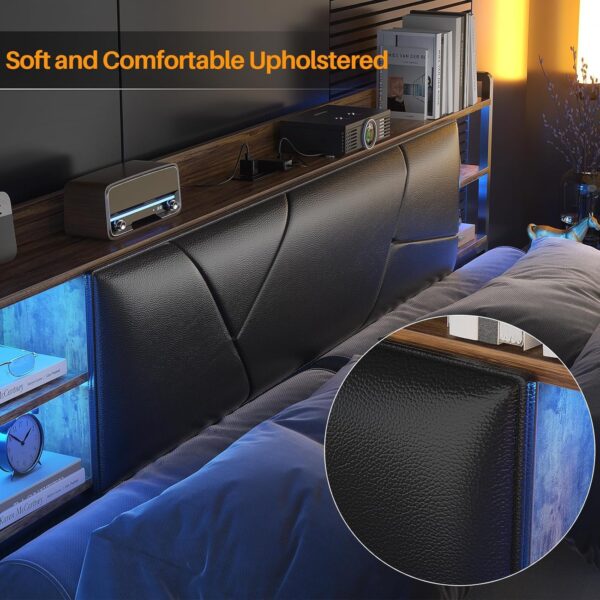 Unikito Cool Queen Size Bed Frame with RGB LED Lights and Power Outlets, Sturdy Platform Bed with Storage Upholstered Headboard, Strong Metal Slats, No Box Spring Needed, Easy Assembly, Vintage