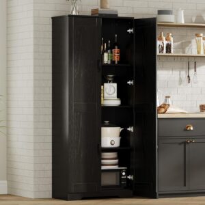 IDEALHOUSE Tall Pantry Cabinet, 60" Kitchen Pantry Storage Cabinet with 2 Doors and Adjustable Shelves, Freestanding Kitchen Cabinet, Cupboard for Dining Room, Bathroom, Living Room, Black