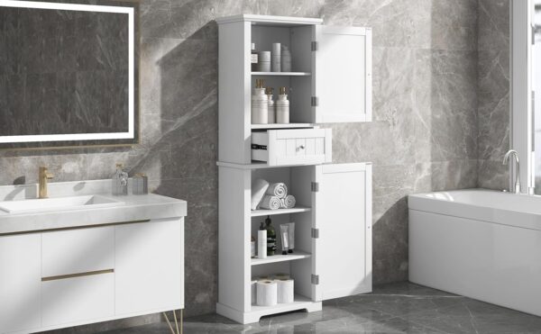 67.3“ Tall Linen Bathroom Storage Cabinet, Modern Linen Cabinet Freestanding with 2 Doors and 1 Drawer, Bathroom Organizers Storage, Shelves for Bathroom, Living Room, Anti-Tipping (White)