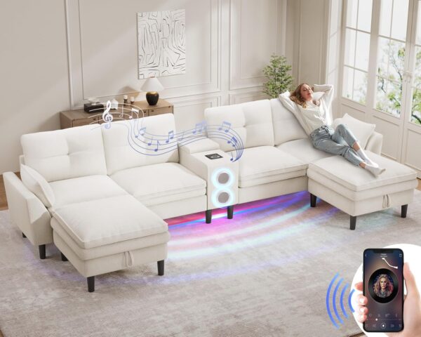 WEUP 115” Modern Cloud Couch Sectional Sofa with Bluetooth Speaker & USB Charger, LED Light, Storage Ottomans, Comfy Boucle U-Shaped Sectional Couches for Living Room, Apartment, White