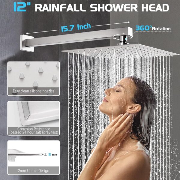 Shower Faucet Set, Rainfall Shower System with Rain Shower Head, Rough-in Valve and Shower Trim Kit Included Brushed Nickel 12 Inch Wall Mount