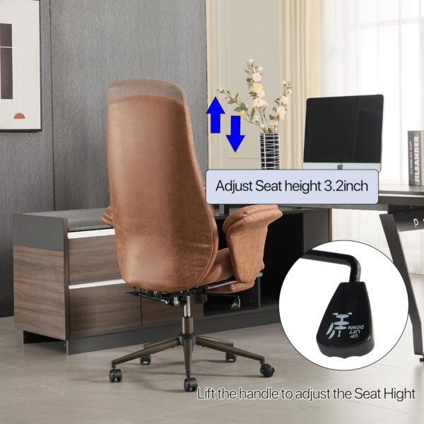 High Back Ergonomic Home Office Desk Chair, Modern Lumbar Support Recline Executive Office Chair with Foot Rest, Suede Leather Swivel Computer Chair with Detachable Arms (Light Brown Suede Fabric)
