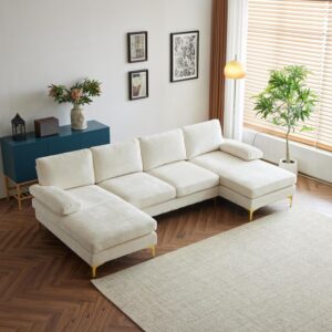 Karl home Convertible Sectional Sofa 110" U-Shape Sofa Couch 4-Seat Couch with Chaise ChenilleFabric Upholstered for Living Room, Apartment, Office, Creamy White