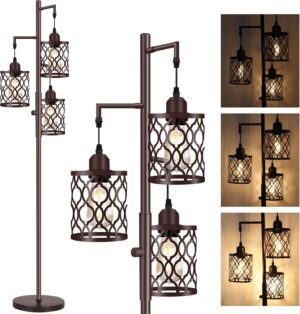 68" Farmhouse floor lamp, Dimmable Industrial Floor Lamps for Living Room, 3 Light Rustic Standing Tall Lamp Including 3 PCS 6W E26 Bulbs, Tree Floor Lamp for Bedrooms Room, Office, Bar, Brown