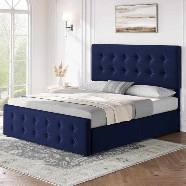 IDEALHOUSE Queen Size Bed Frame with 4 Storage Drawers and Headboard, Velvet Upholstered Platform Bed Frame with Wooden Slats Support, Button Tufted Design, No Box Spring Needed, Blue