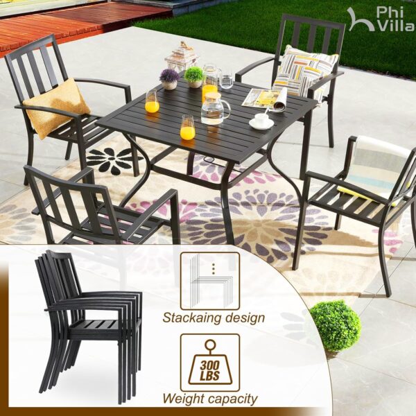 PHI VILLA 5 Piece Outdoor Dining Set with 10ft Umbrella, 37" Square Metal Dining Table & 4 Stacking Metal Chair with 3 Tier Beige Umbrella for Patio, Deck, Yard, Porch