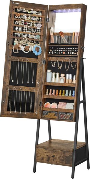 SONGMICS LED Cabinet Standing, Lockable Jewelry Armoire with Full-Length Mirror, Space-Saving Jewelry Organizer with Mirror, Bottom Drawer and Shelf, Gift Idea, Rustic Brown UJJC025X01