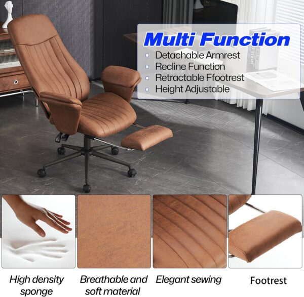 High Back Ergonomic Home Office Desk Chair, Modern Lumbar Support Recline Executive Office Chair with Foot Rest, Suede Leather Swivel Computer Chair with Detachable Arms (Light Brown Suede Fabric)
