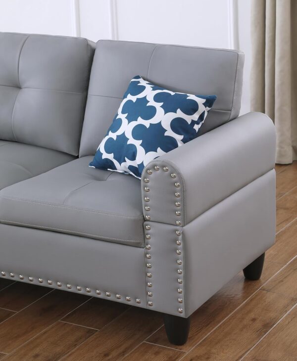3 Piece Modular Sectional Sofa with Right Chaise, L-Shaped Nailhead Decor Faux Leather Upholstered 5 Seater Corner Sofa&Couch with Cupholders and Storage Ottoman for Home/Apartment/Office Living Room