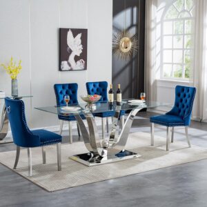 70'' Tempered Glass Dining Table Set for 4,5 Pieces Dining Table Set,Large Kitchen Table with Stainless Steel Frame and 4 Velvet Dining Chairs for 4-8 for Home Kitchen Furniture