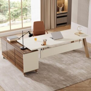 Tribesigns 78.7-Inch Executive Desk, L-Shaped Desk with 55-Inch Cabinet, Large Office Desk with Storage Shelves, Modern Computer Desk for Home Office, Walnut & White