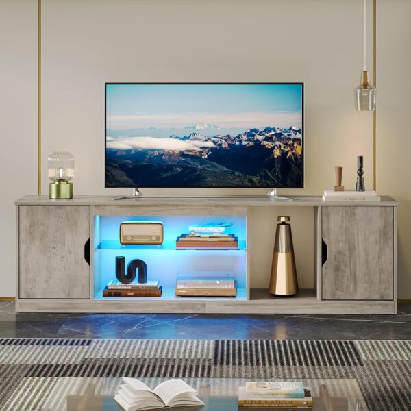 Bestier LED TV Stand for 65/70/75/80 Inch TV, 70 inch Gaming Entertainment Center with Adjustable Glass Shelves & Storage Cabinet for PS5, Xbox, Modern TV Console Table for Living Room, Grey Wash