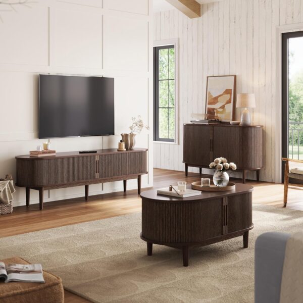 LINSY HOME Fluted TV Stand for 75" TV, Mid-Century Modern 70" Entertainment Center with Sliding Tambour Door and Storage Cabinet, Cruved TV Media Console Table for Living Room, Bedroom, Walnut