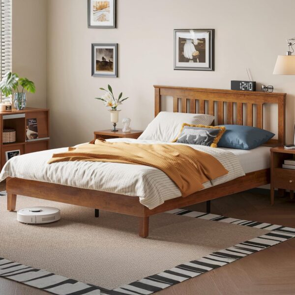 LINSY Queen Bed Frame, Wood Platform Bed Frame with Headboard, Solid Wood Bed with Wood Slat Support, No Box Spring Needed, Easy Assembly, Walnut, Queen