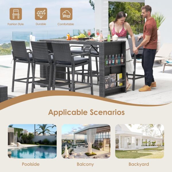 NICESOUL 5 Pieces Patio Dining Set, Outdoor Rattan Patio Bar Set, Long Rectangular Counter Height Table with Cushioned Chairs, Modern Luxury Wicker Table and Seating Set for Garden Poolside, Gray