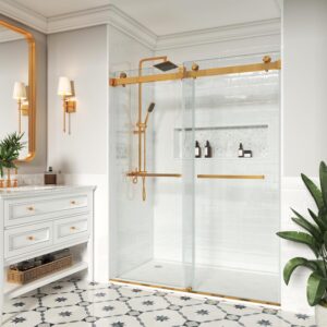 817gK5nY8rL._AC_SL1500_.jpg Frameless Shower Door, 56"-61" W x 76" H, Width Adjustable, SGCC Certified 3/8" (10 mm) Clear Tempered Glass, Double Sliding Shower Door, Stainless Steel Brushed Gold Finish DS01