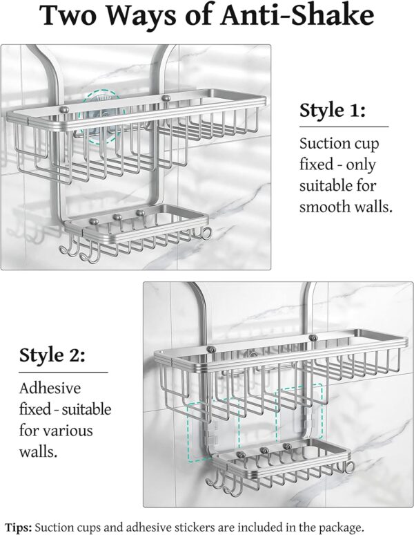 YASONIC Shower Caddy Hanging - Never Rust Shower Organizer - Aluminum Over The Shower Head Caddy with 10 Hooks for Razor/Sponge - Shower Rack with Soap Basket - Silver