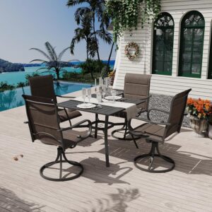 MELLCOM 5-Piece Outdoor Dining Set, 4 Swivel Rocker Chairs with High Back Textilene & Square Metal Dining Table with Umbrella Hole, Patio Furniture Set for Porch, Garden, Backyard, Deck, Brown