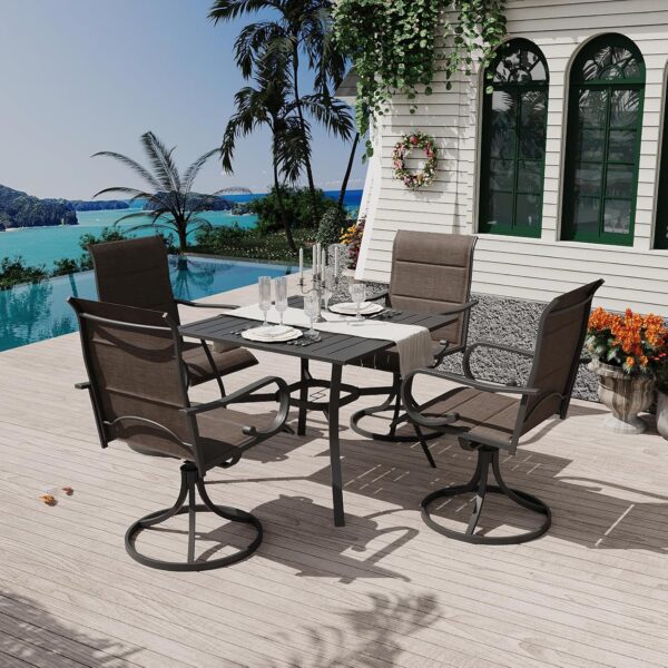 MELLCOM 5-Piece Outdoor Dining Set, 4 Swivel Rocker Chairs with High Back Textilene & Square Metal Dining Table with Umbrella Hole, Patio Furniture Set for Porch, Garden, Backyard, Deck, Brown