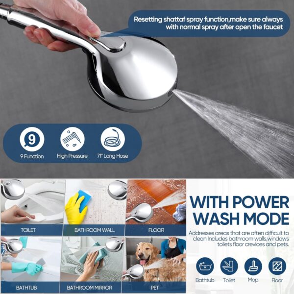 KINSE High Pressure Shower Head with Hose,9-Mode Handheld Shower Head, 5" Shower Head with 71" Extra Long Shower Hose & Adjustable Bracket,Built-In Power Wash to Clean Tub, Tile & Pets