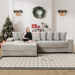 Comfy L Shaped Sectional Couches for Living Room, 111" Oversized Modular Sectional Sofa with Chaise, Modern Fluffy Plush Corduroy Couch Sctional Sofa 2 Piece (Left Facing, Grey)