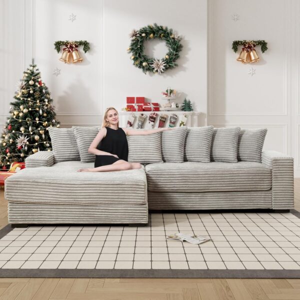 Comfy L Shaped Sectional Couches for Living Room, 111" Oversized Modular Sectional Sofa with Chaise, Modern Fluffy Plush Corduroy Couch Sctional Sofa 2 Piece (Left Facing, Grey)