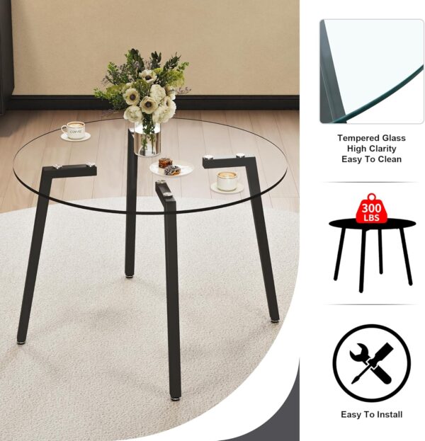 Modern Black Luxury Round Glass Dining Set for 4, 5 Pcs Large Minimalist Circle Kitchen Table Set, 47'' Clear Circular Glass Top Dinner Room Set, Black High-end Tufted Chairs, for Home