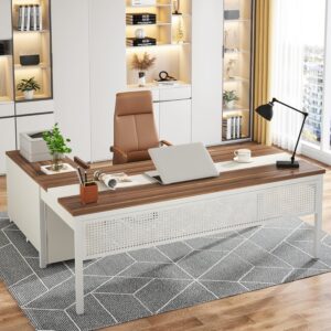 Tribesigns 70.8" Large Executive Office Desk and 47" Lateral File Cabinet Combo, L-Shaped Computer Desk 2 Piece Business Furniture with Drawers and Shelves, Home Office Workstation, Walnut & White