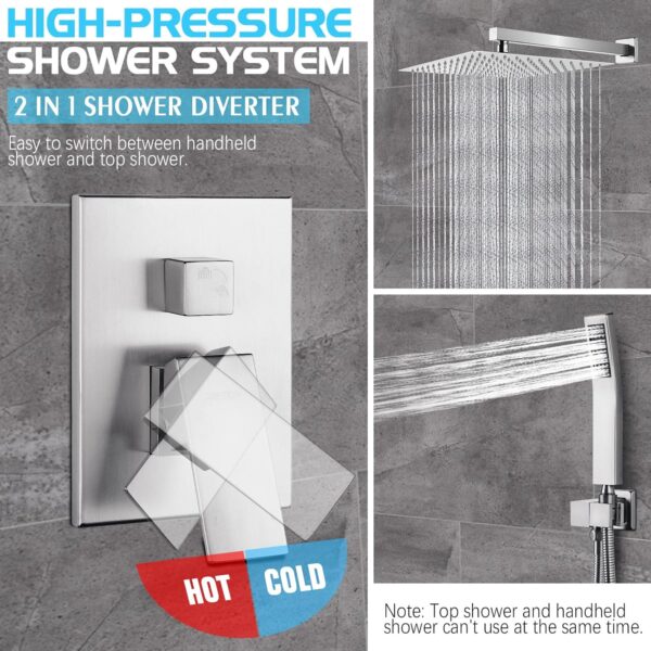 Shower Faucet Set, Rainfall Shower System with Rain Shower Head, Rough-in Valve and Shower Trim Kit Included Brushed Nickel 12 Inch Wall Mount