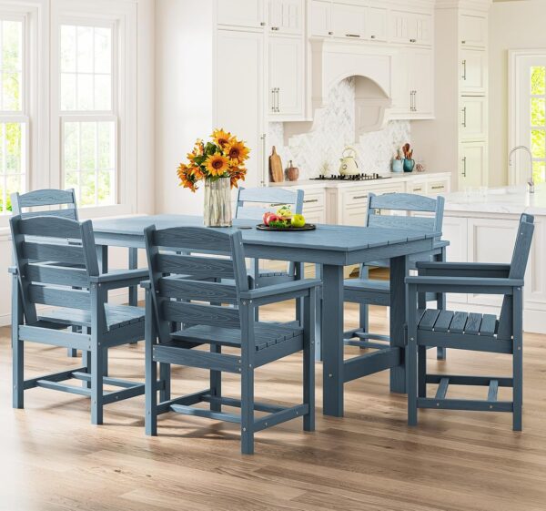 818gvDF0JUL._AC_SL1500_.jpg SERWALL 7-Piece Patio Dining Table Sets, Outdoor HDPE Dining Furniture Set with Umbrella Hole Cut-Out Table and 6 Chairs, Blue