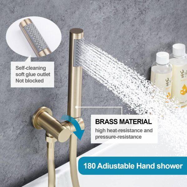 AZOS Wall Mounted Bathtub Faucet with Handheld Shower, High Flow Rate Tub Filler Faucet Set with 360° Swivel Spout Fixtures, Brushed Gold Waterfall Tub Faucets