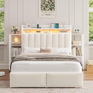 Keyluv Queen Bed Frame with Storage Headboard & 2 Drawers, Upholstered LED Platform Bed with Charging Station & Bedside Storage Rack, Metal Slat Support, No Box Spring Needed, Velvet Fabric, White