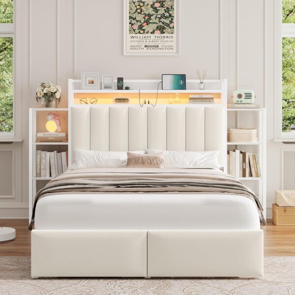 Keyluv Queen Bed Frame with Storage Headboard & 2 Drawers, Upholstered LED Platform Bed with Charging Station & Bedside Storage Rack, Metal Slat Support, No Box Spring Needed, Velvet Fabric, White