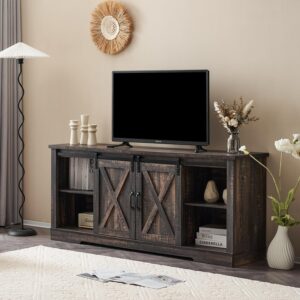 AMERLIFE 66" Farmhouse TV Stand for 75 Inches TVs, Entertainment Center with Sliding Barn Door and Adjustable Shelf & Feet, Console Table with Storage, Dark Rustic Oak