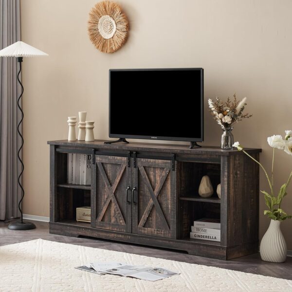 AMERLIFE 66" Farmhouse TV Stand for 75 Inches TVs, Entertainment Center with Sliding Barn Door and Adjustable Shelf & Feet, Console Table with Storage, Dark Rustic Oak